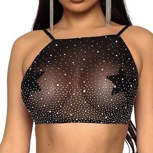 Leg Avenue Sheer Black Mesh Rhinestone Crop Top